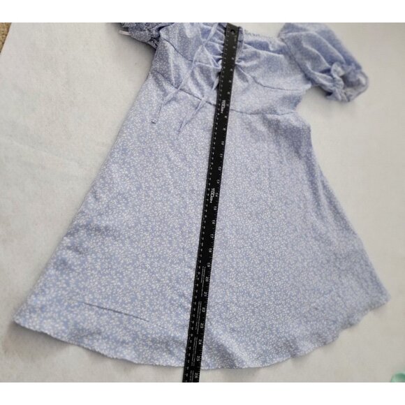 Blue Floral Dress Size S Back Zip Cottage Core Puffed Short Sleeve Off Shoulders - Picture 5 of 16